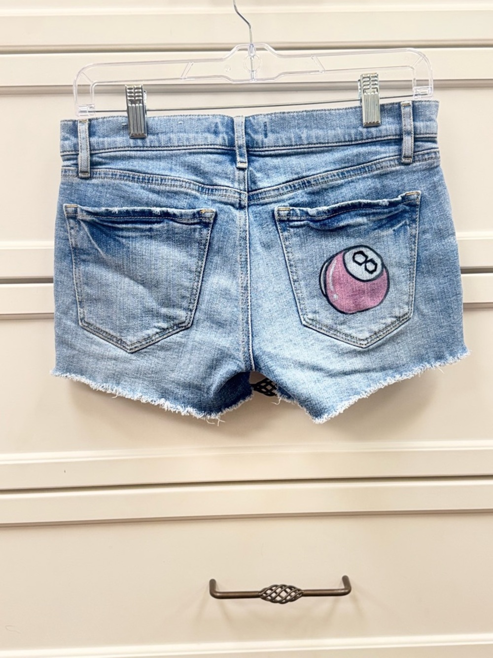 LOFT Light Blue Denim Cutoff Shorts with Pink 8-Ball hand painted design